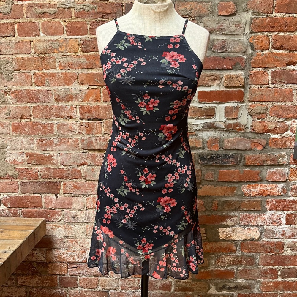 Mirrors Vintage Floral Mesh Mini Dress Grey Cherry Blossom Ruffle Hem 90s Small